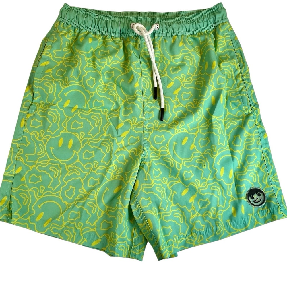 Neff Youth Med Green/Yellow Swim Trunks Smiley Face Pockets Unlined Beach Summer